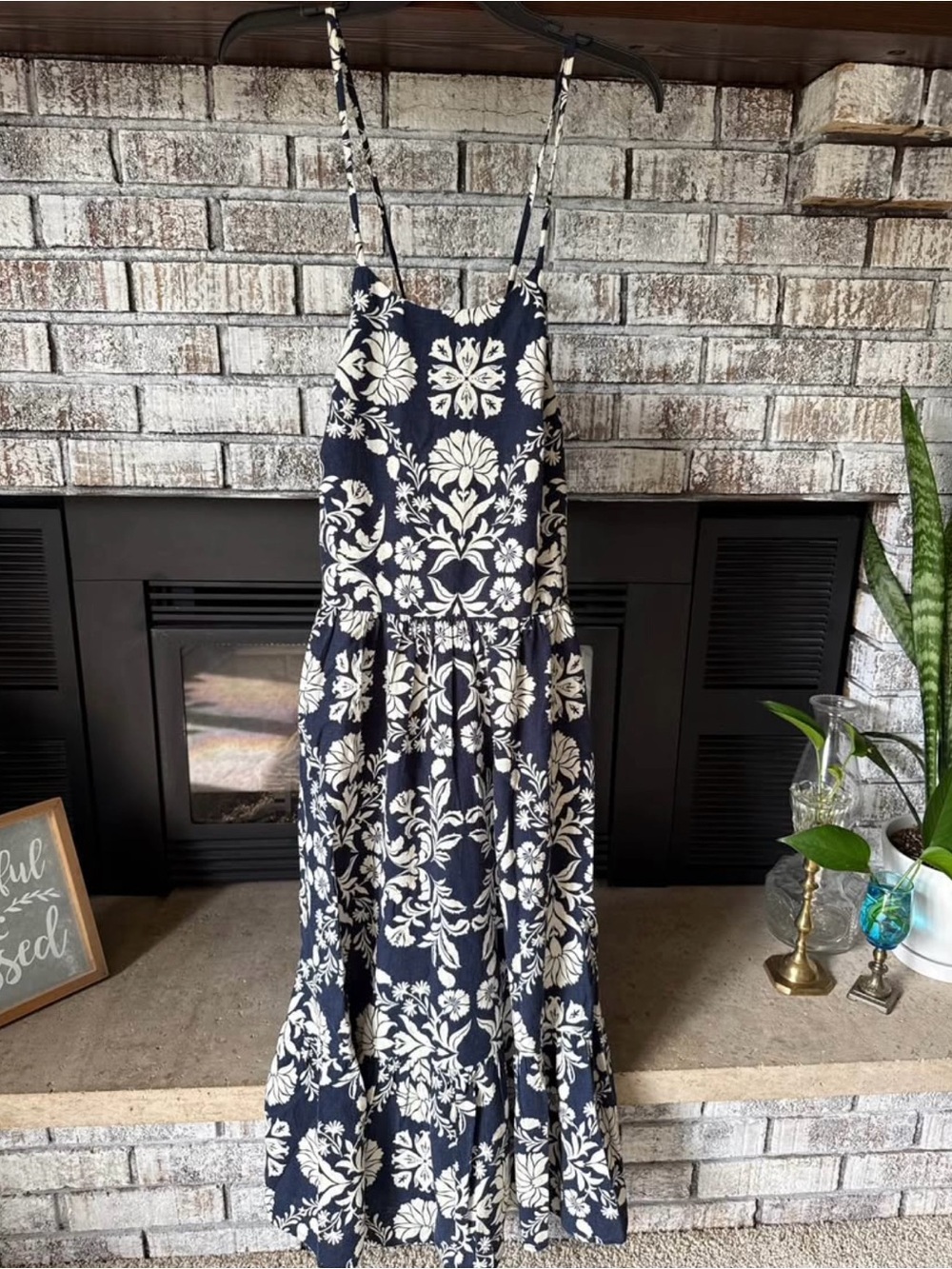 Navy and White Floral Maxi Dress with Spaghetti Straps